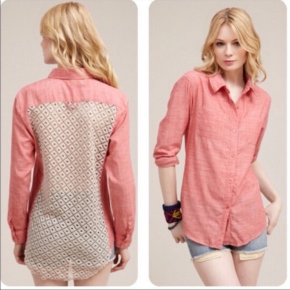 Free People Slubby Road Trip Lace Crochet Back Button Down Shirt - Picture 3 of 7